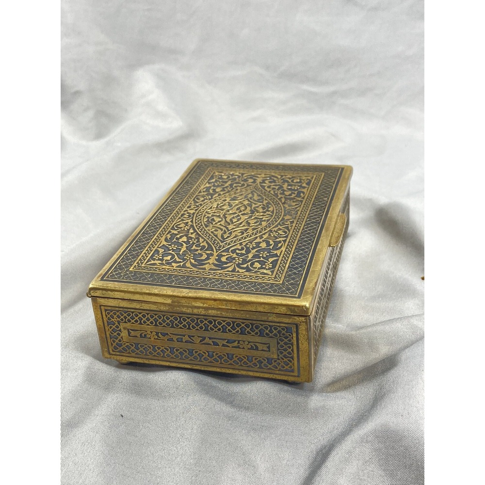 Antique 1905 Brass Trinket Cigar Cigarette  Engraved Lined with Wood Vintage